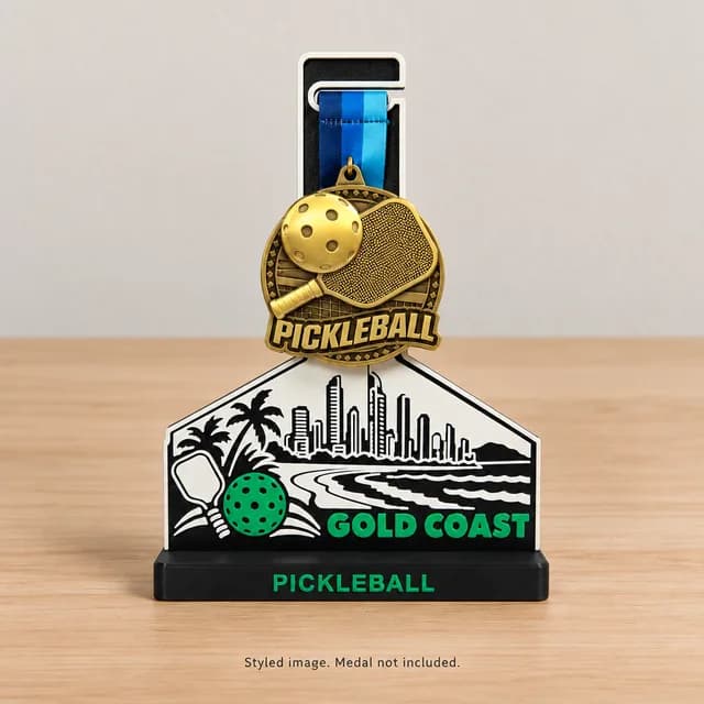 Gold Coast medal stand holding a pickleball medal on a desk