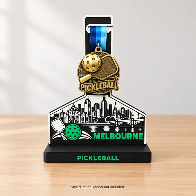 Melbourne medal stand holding a pickleball medal on a desk