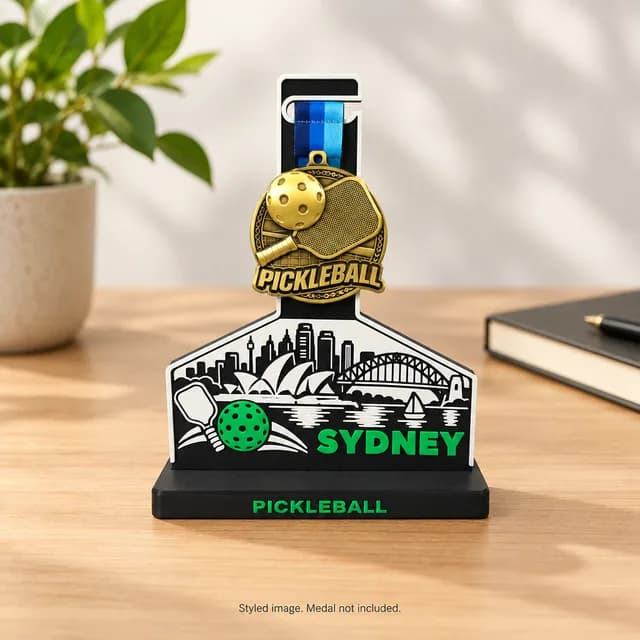 Sydney medal stand holding a pickleball medal on a desk